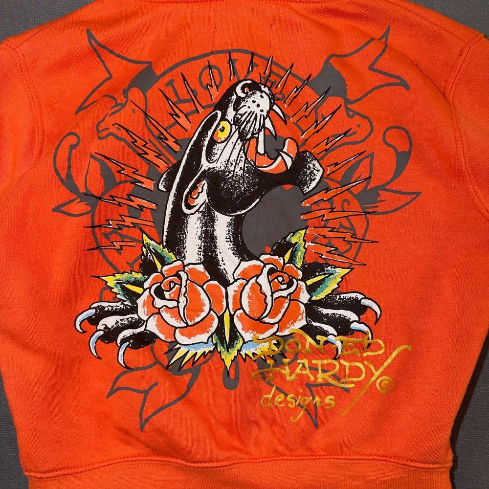 Ed Hardy Womens Orange Panther Dagger Tattoo Graphic Zip Up Hoodie Small Y2K - Picture 6 of 10